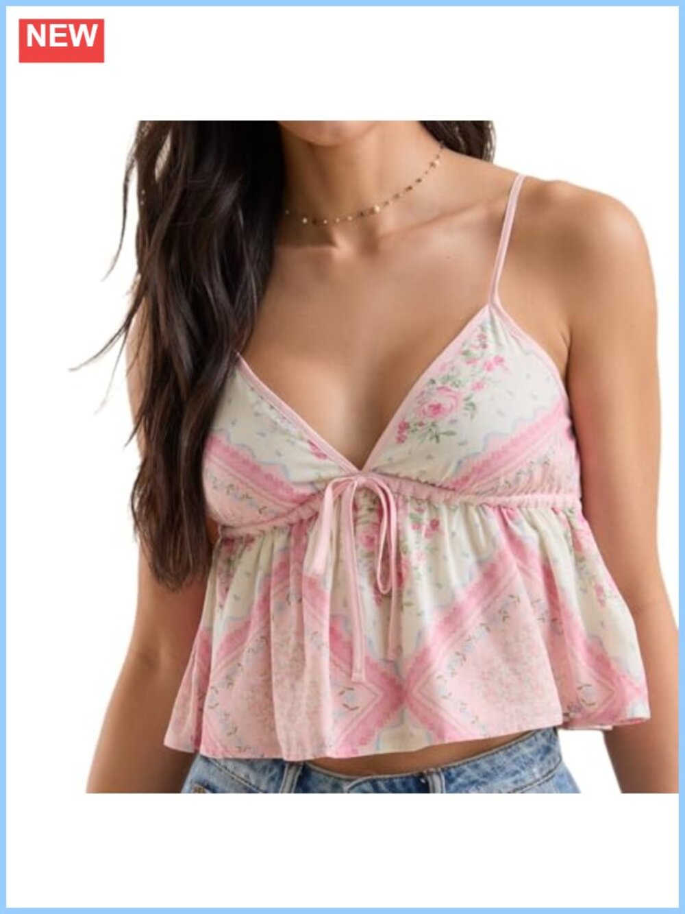 Women Floral Babydoll Tank Top Sleeveless Backless Spaghetti Strap V Neck